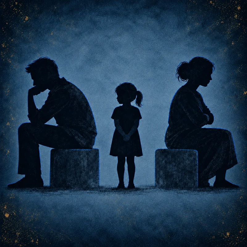 Parents facing away with a child between them