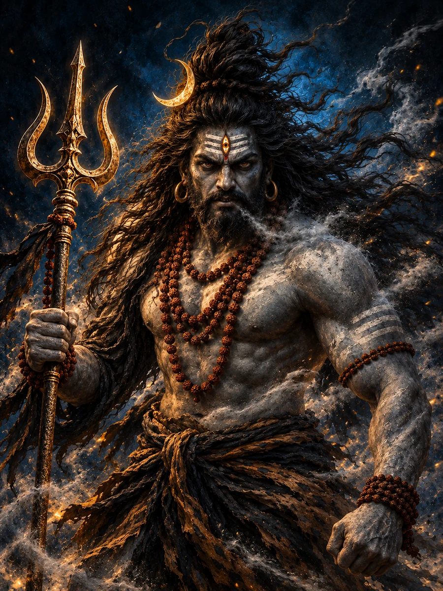 Devotional illustration of Mahakal’s Rudra Roop holding a trishul