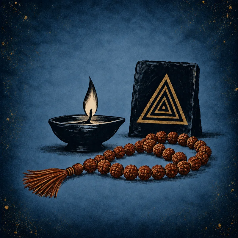Diya, brown rudraksha mala and triangle symbol