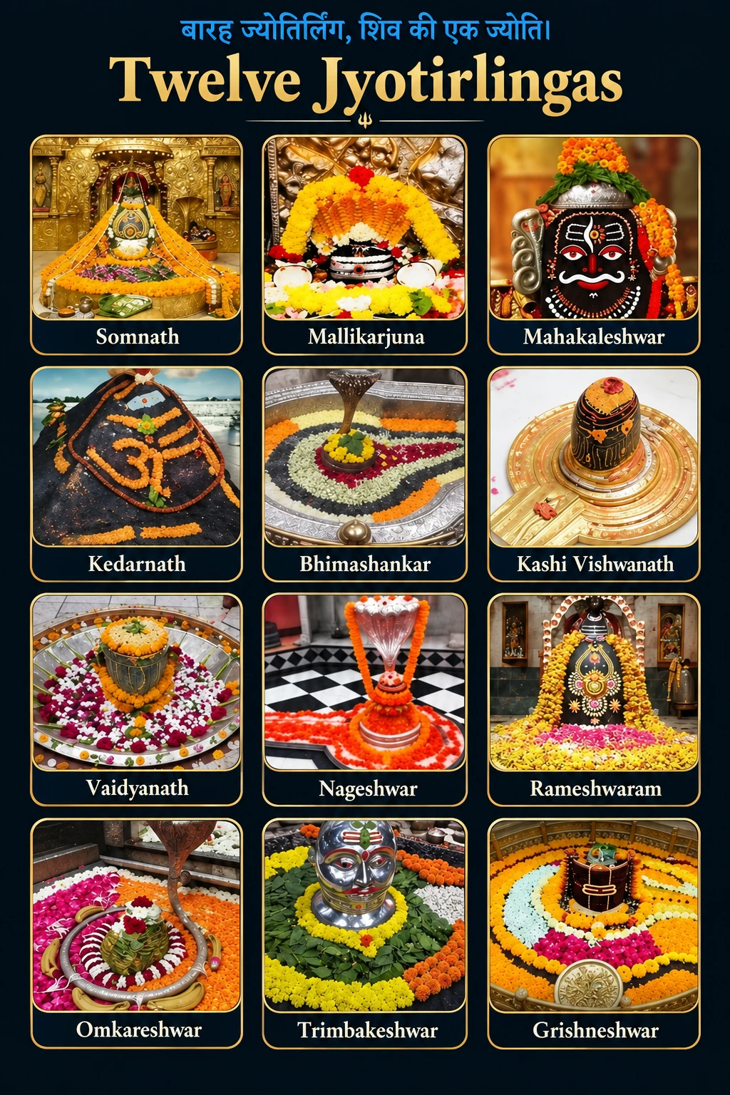 Devotional collage illustrating the twelve Jyotirlingas